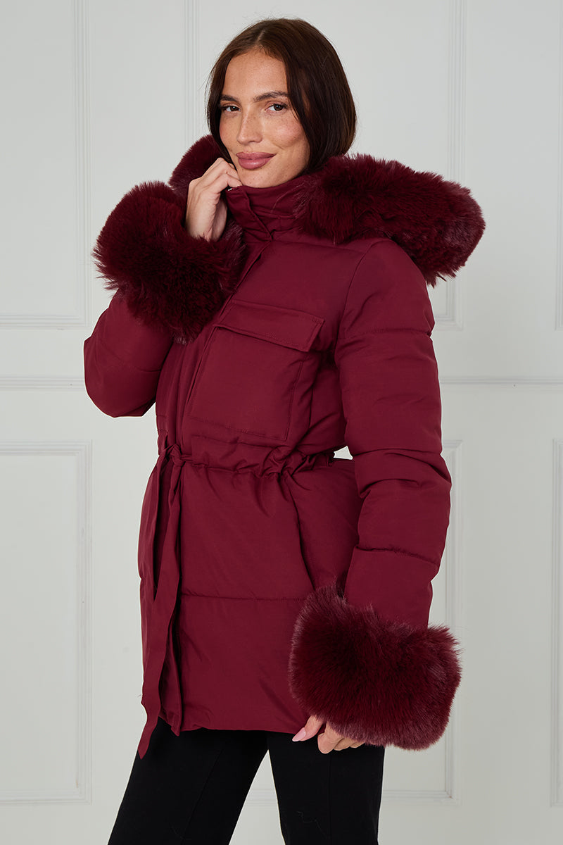 Faux Fur Hood Tie Up Puffer Jacket - Francesca