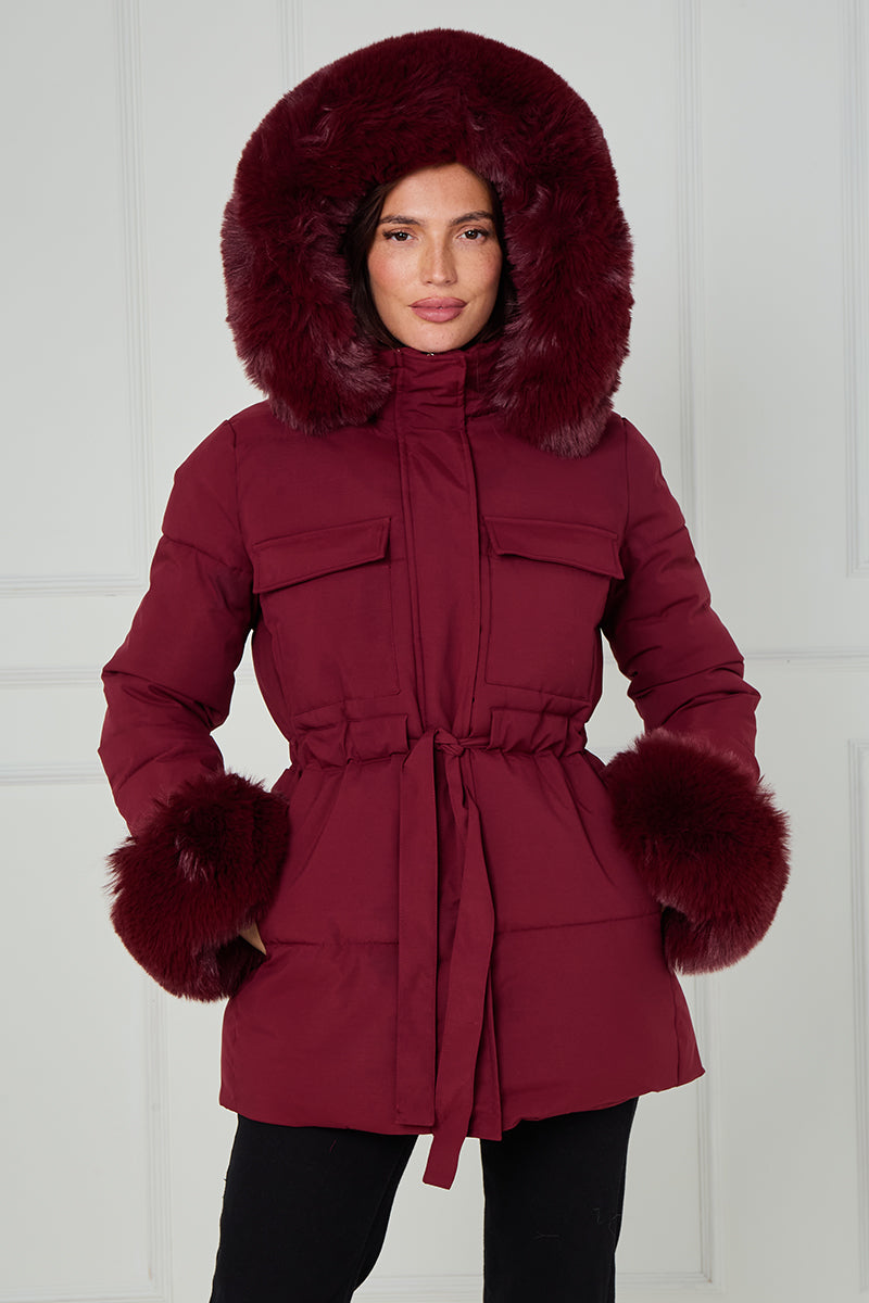 Faux Fur Hood Tie Up Puffer Jacket - Francesca