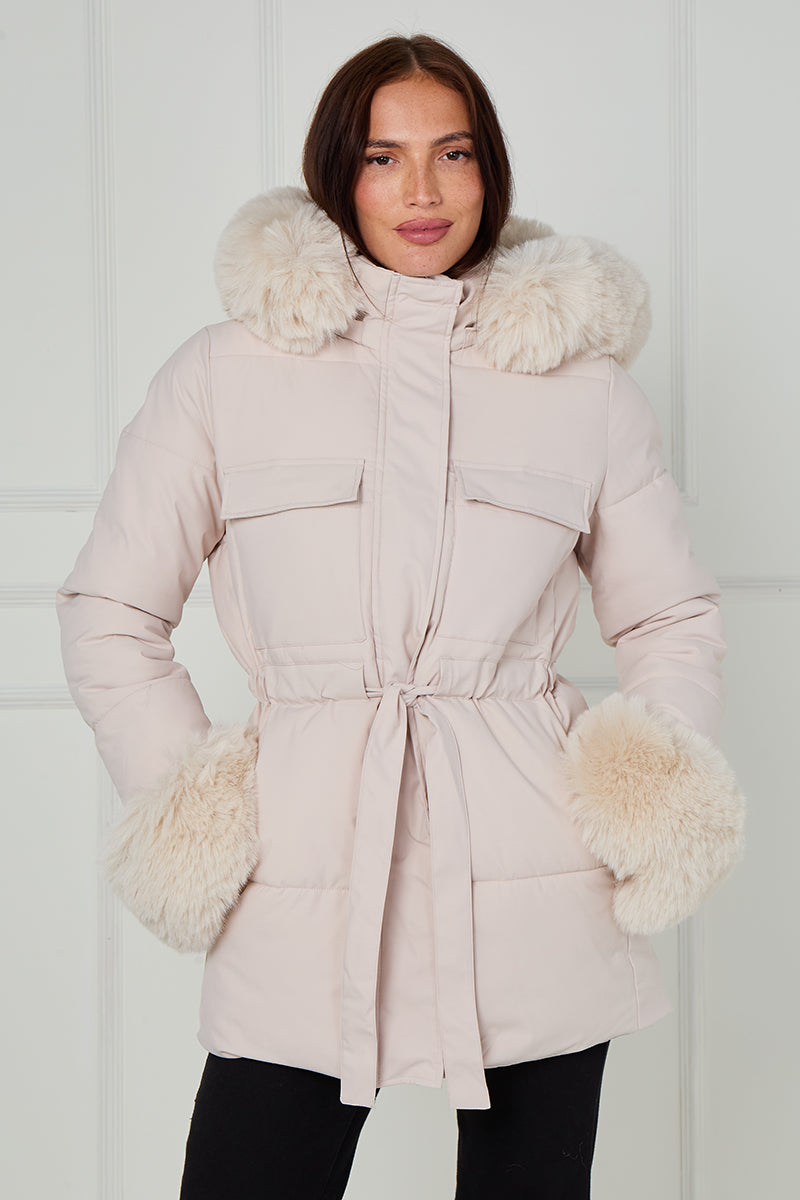 Faux Fur Hood Tie Up Puffer Jacket - Francesca