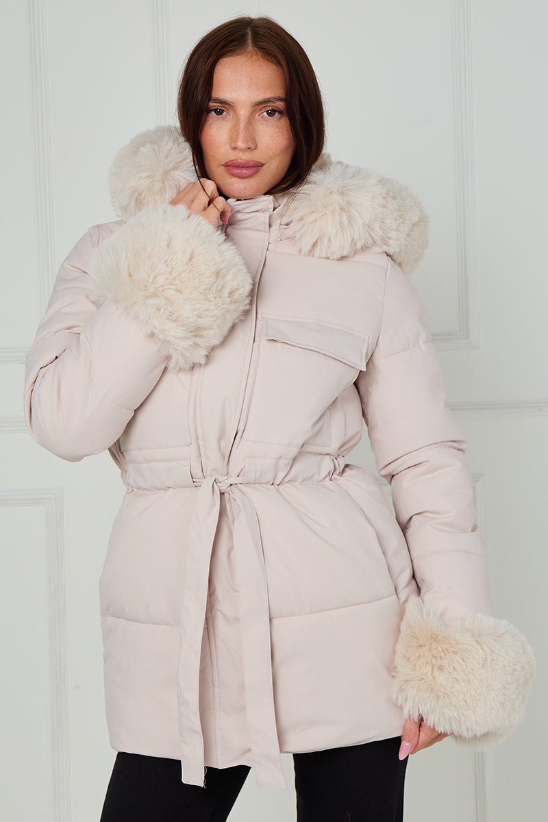 Faux Fur Hood Tie Up Puffer Jacket - Francesca