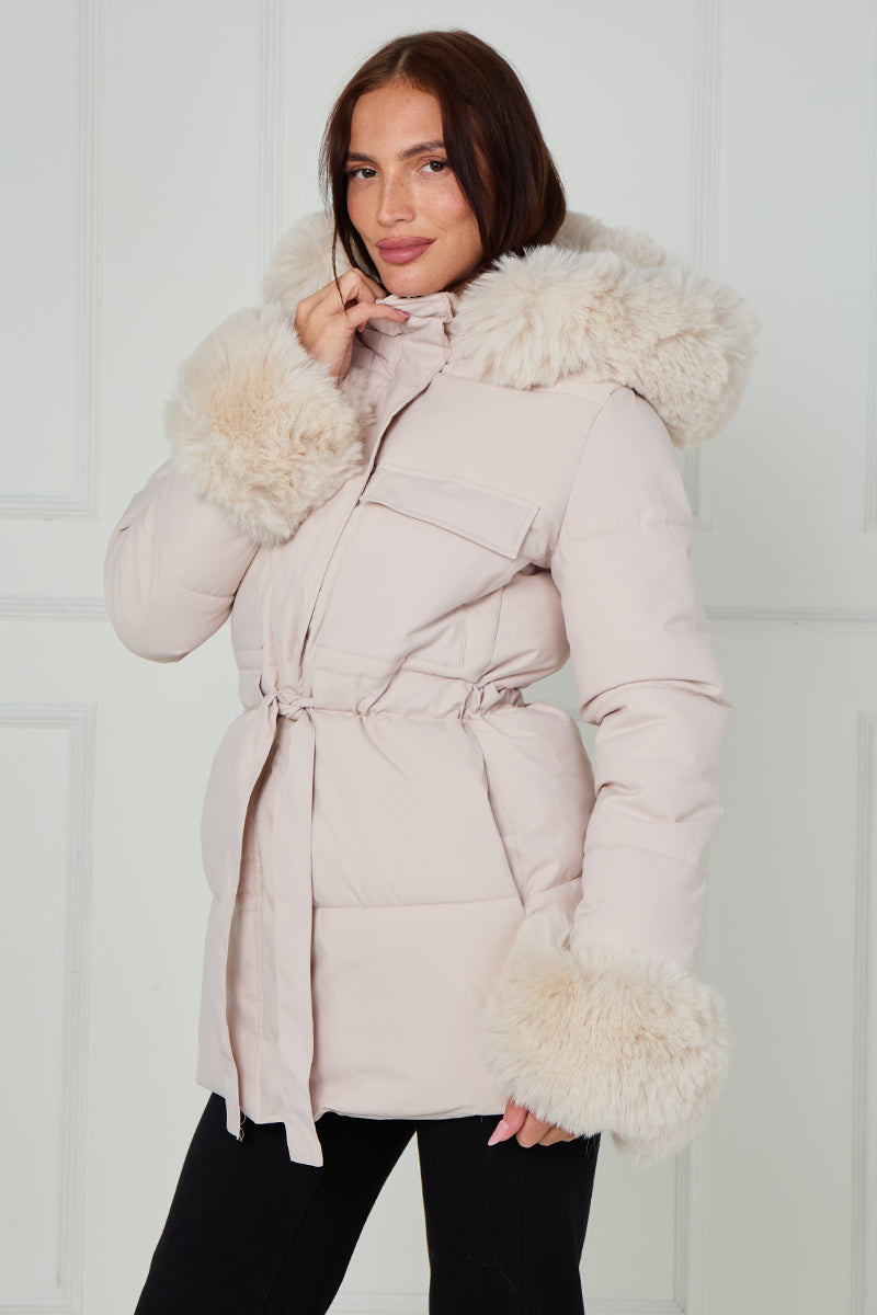 Faux Fur Hood Tie Up Puffer Jacket - Francesca