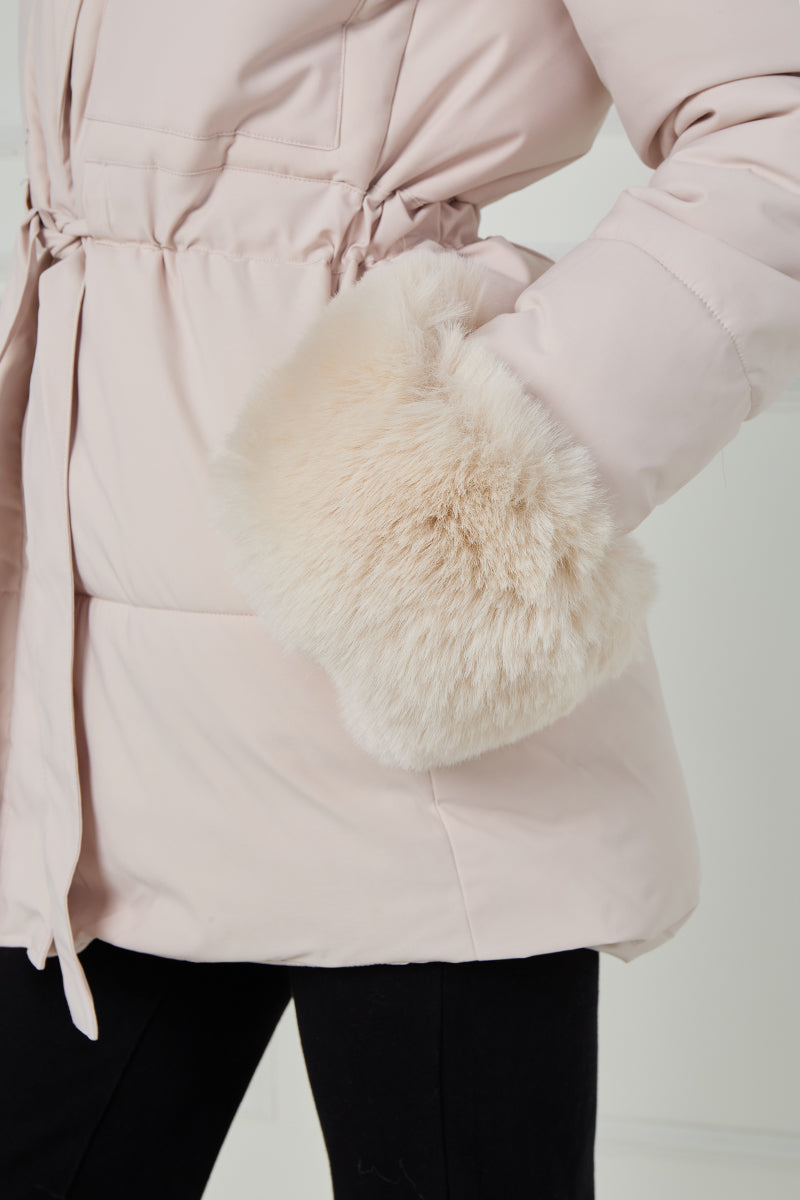Faux Fur Hood Tie Up Puffer Jacket - Francesca