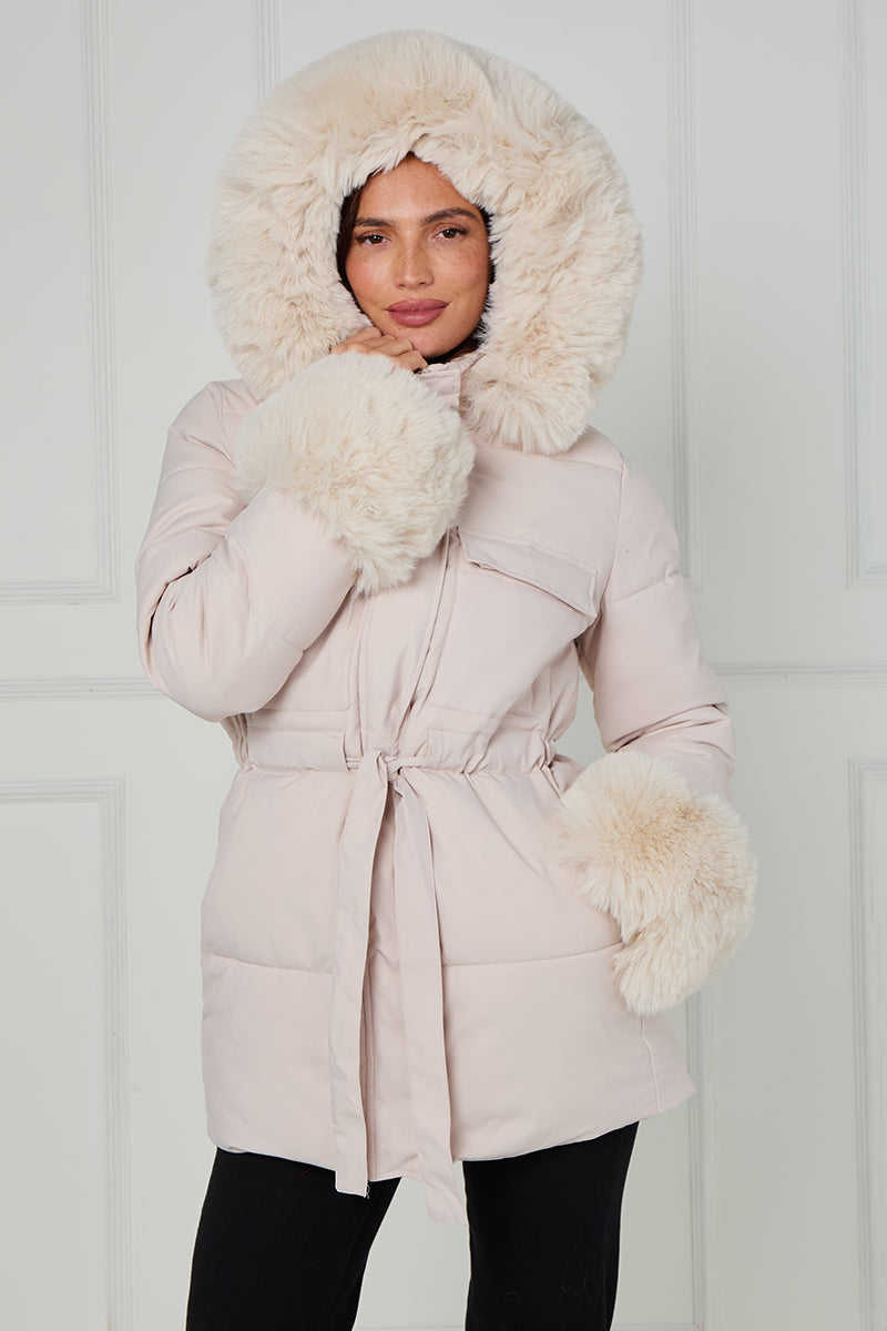 Faux Fur Hood Tie Up Puffer Jacket - Francesca