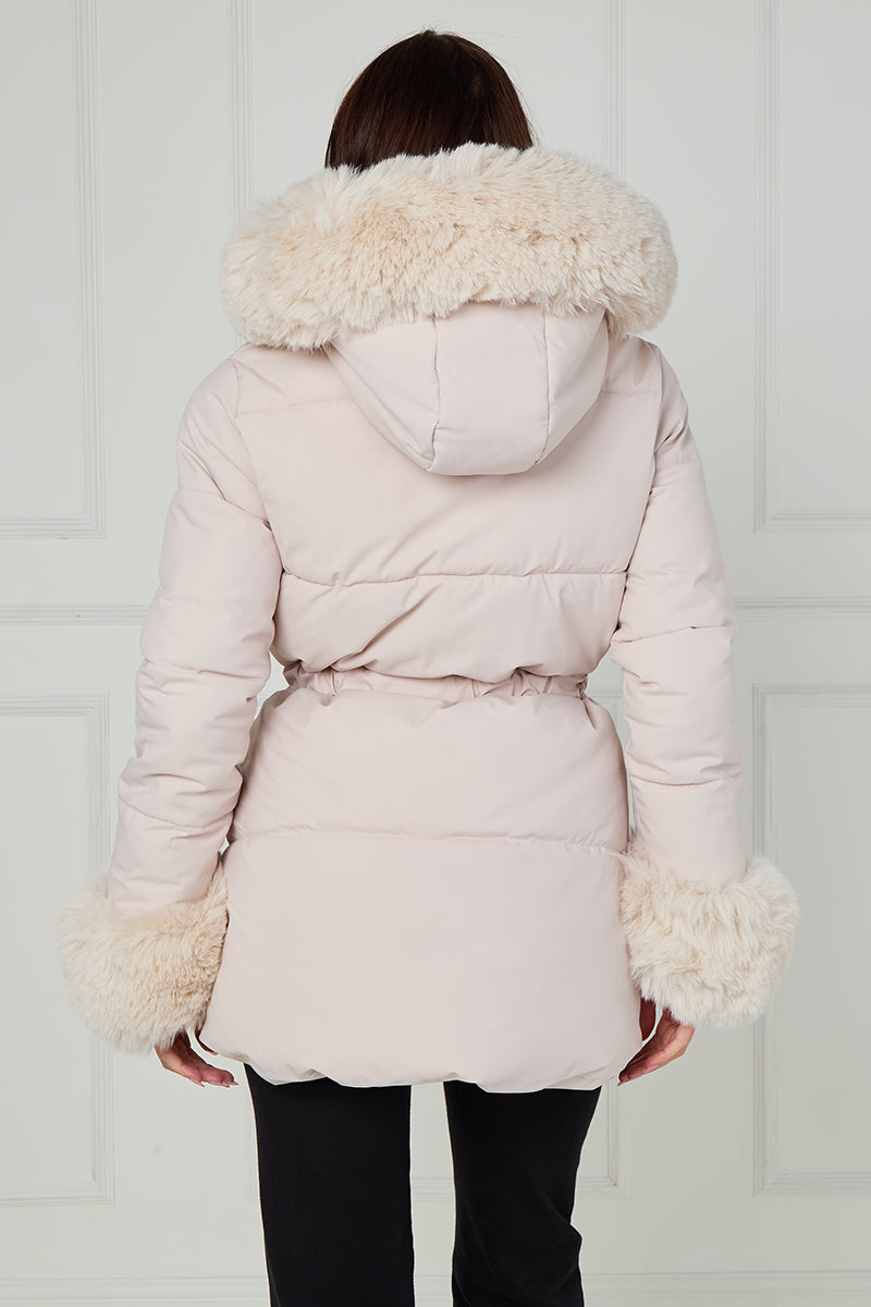 Faux Fur Hood Tie Up Puffer Jacket - Francesca