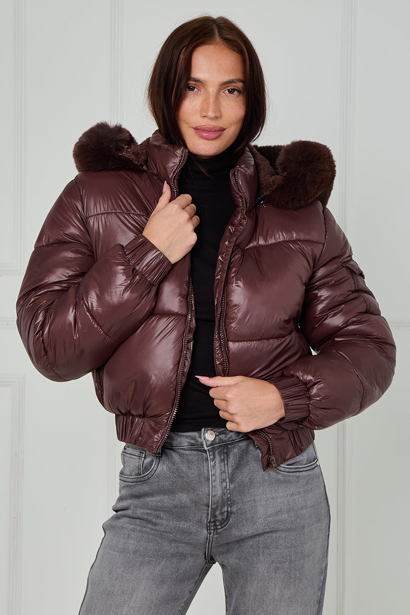 Shiny Faux Fur Hood Quilted Puffer Jacket - Jade