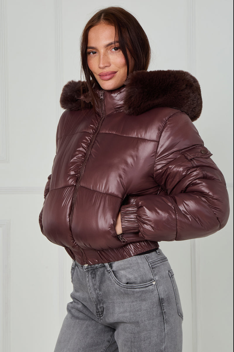 Shiny Faux Fur Hood Quilted Puffer Jacket - Jade