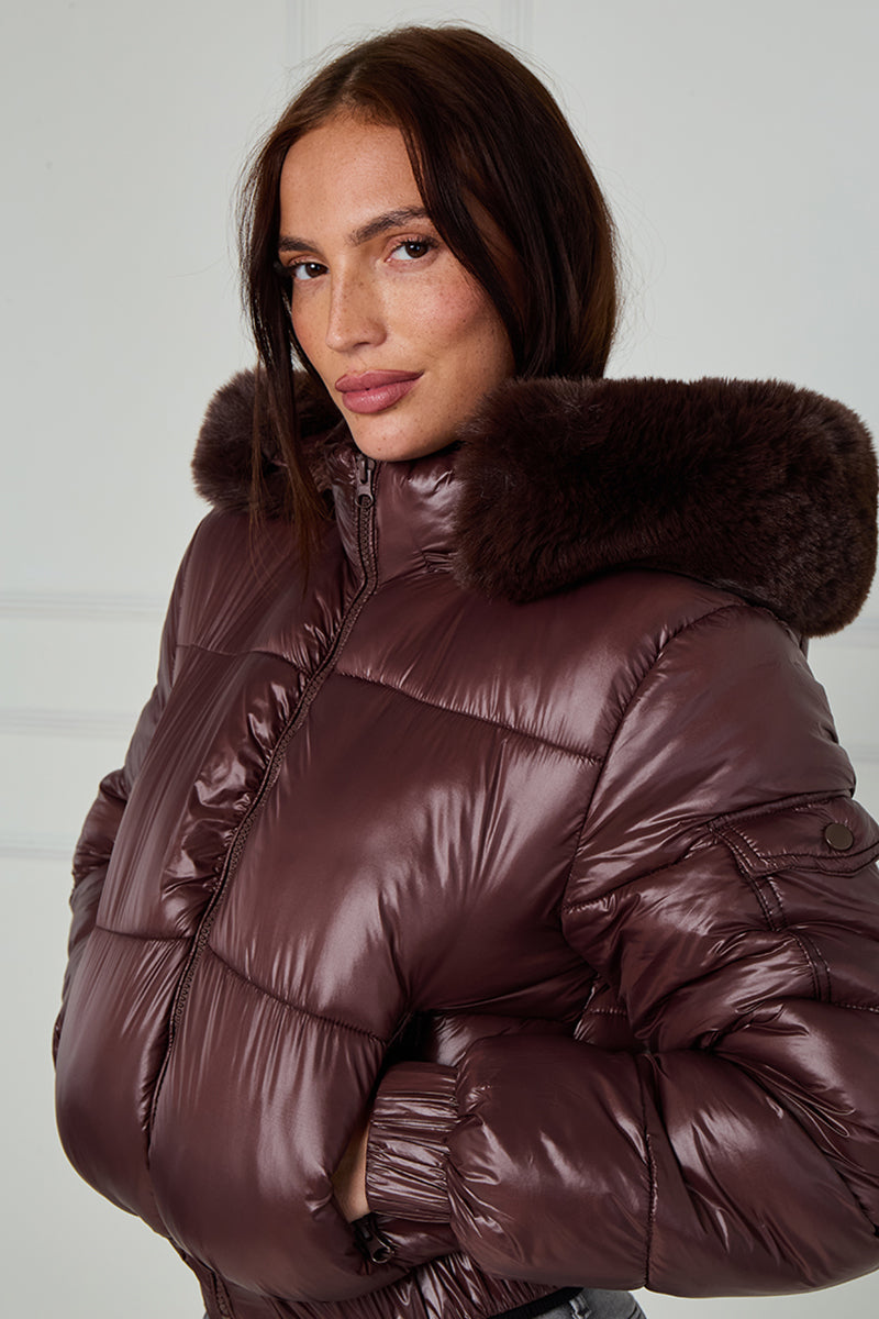 Shiny Faux Fur Hood Quilted Puffer Jacket - Jade