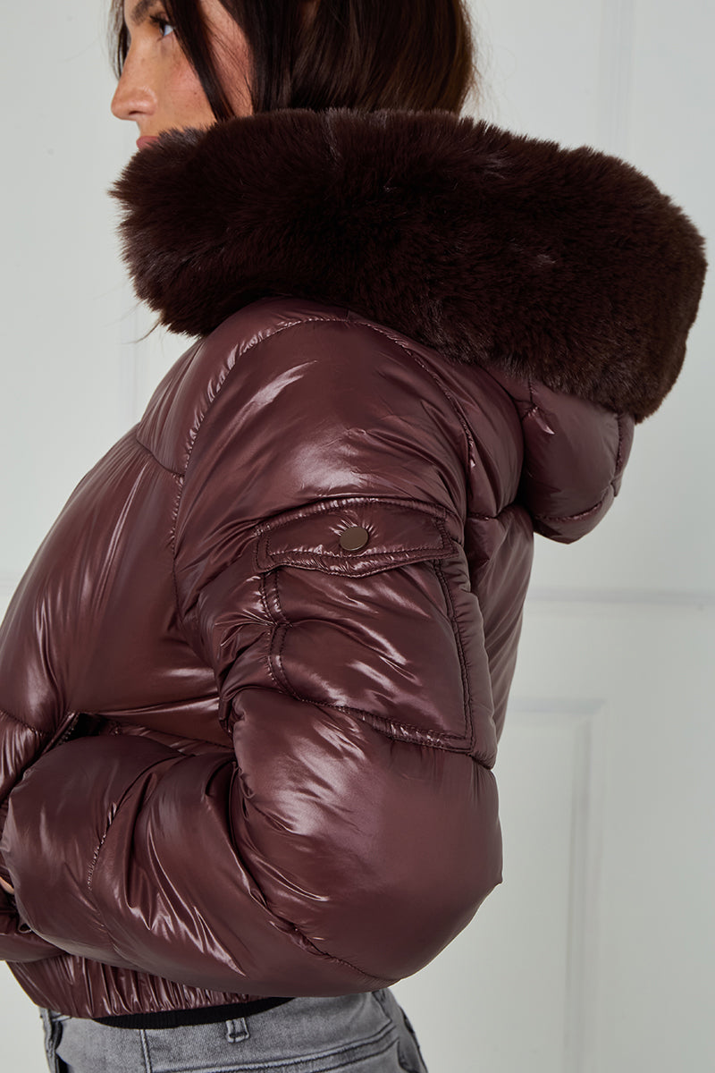 Shiny Faux Fur Hood Quilted Puffer Jacket - Jade