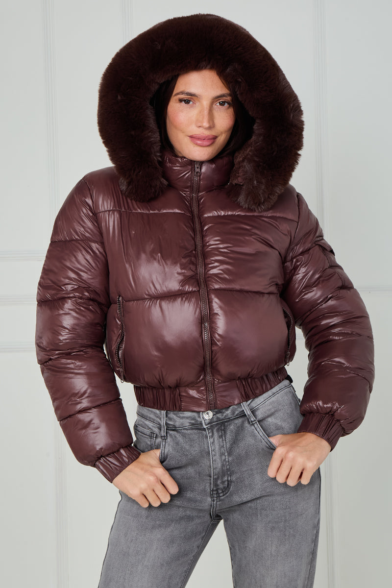 Shiny Faux Fur Hood Quilted Puffer Jacket - Jade