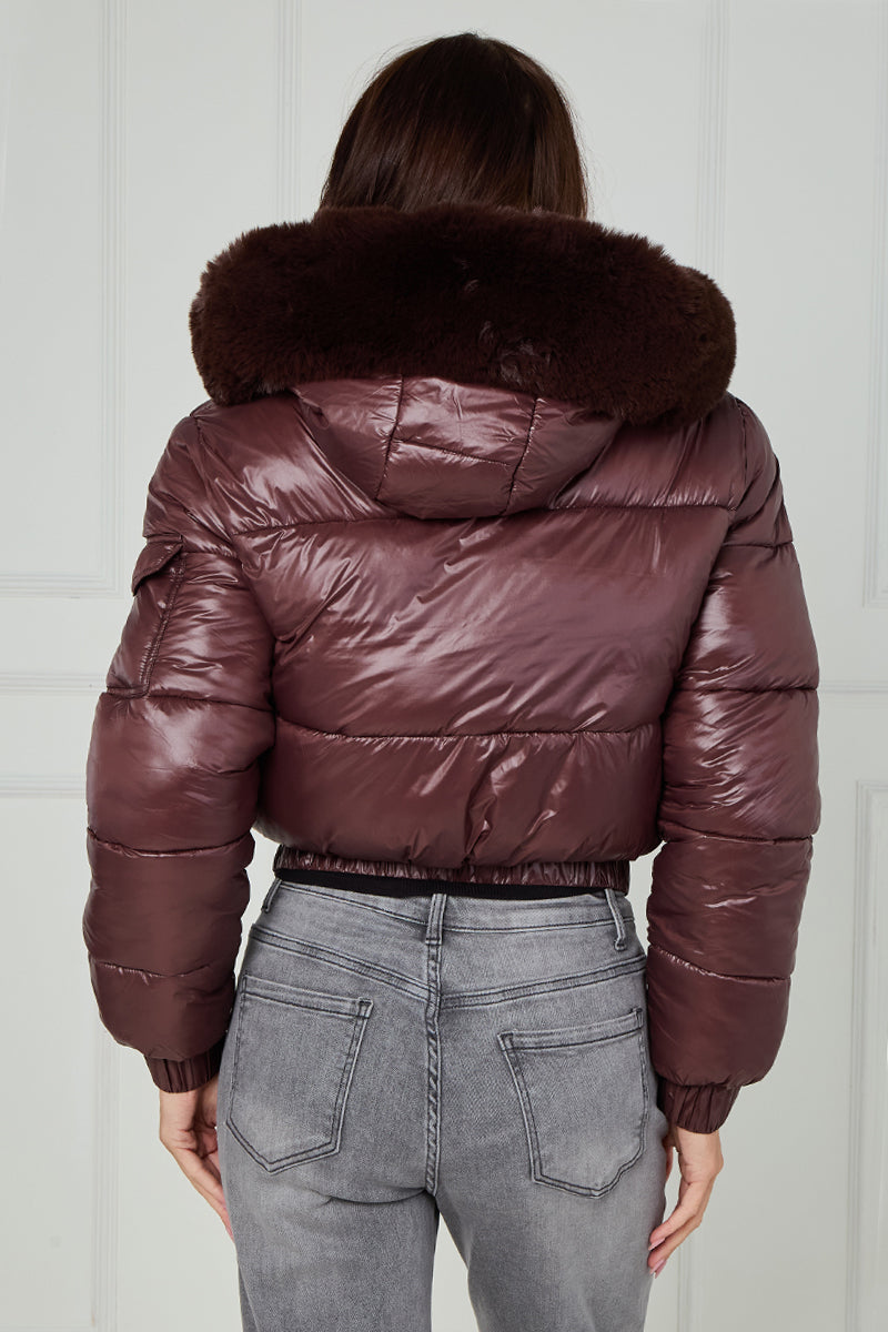 Shiny Faux Fur Hood Quilted Puffer Jacket - Jade