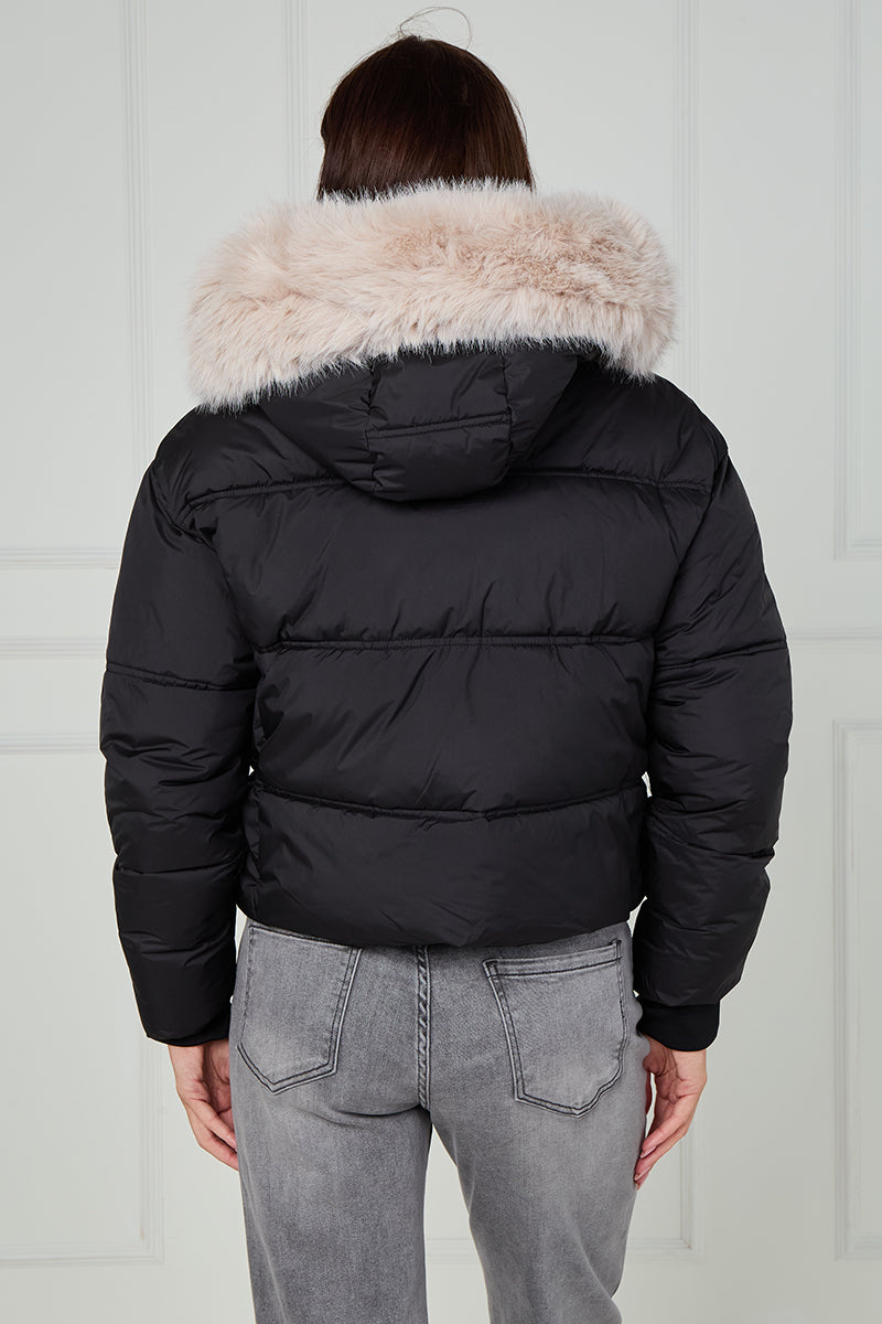 Black faux fur hood puffer jacket, back view, full-zip with quilted padding