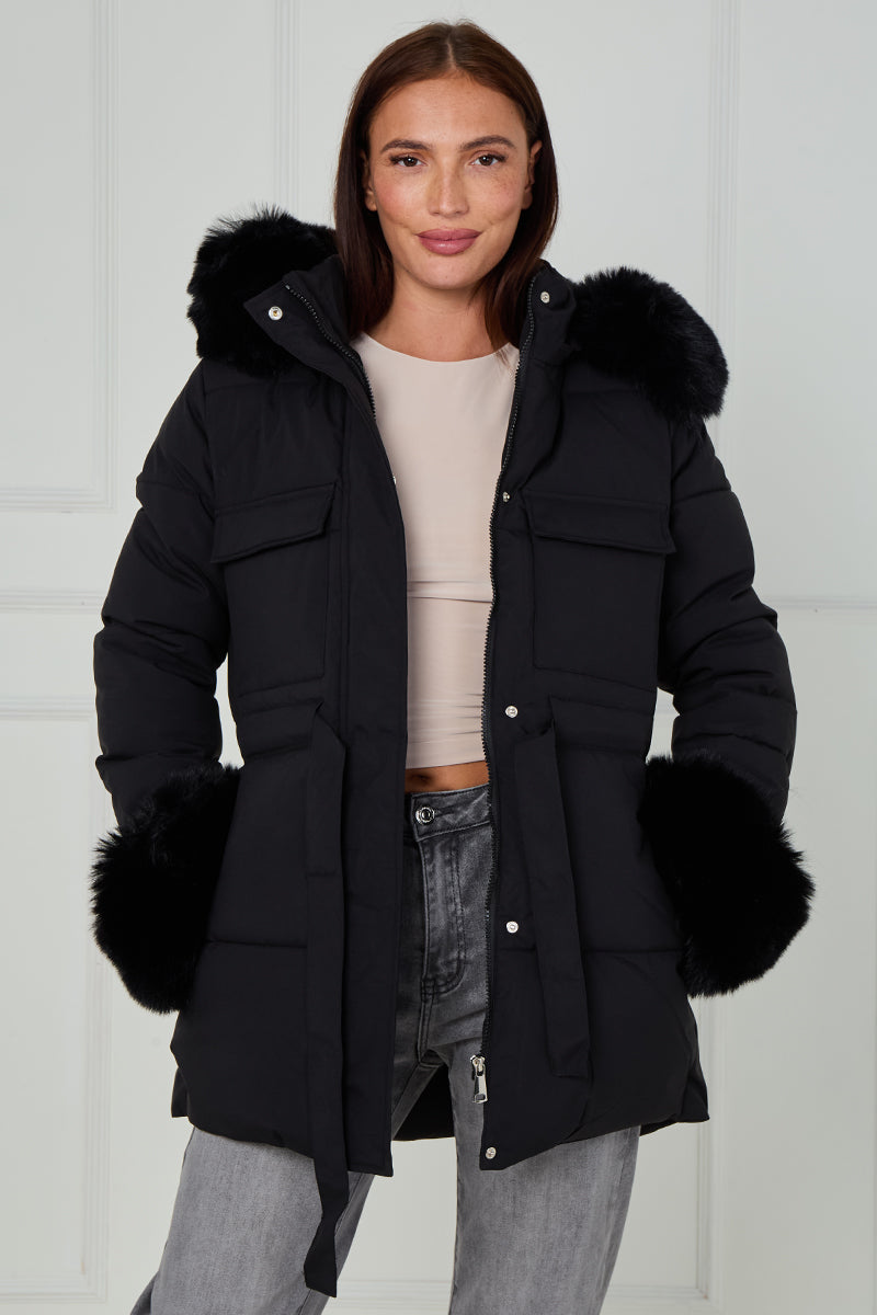 Faux Fur Hood Tie Up Puffer Jacket - Francesca