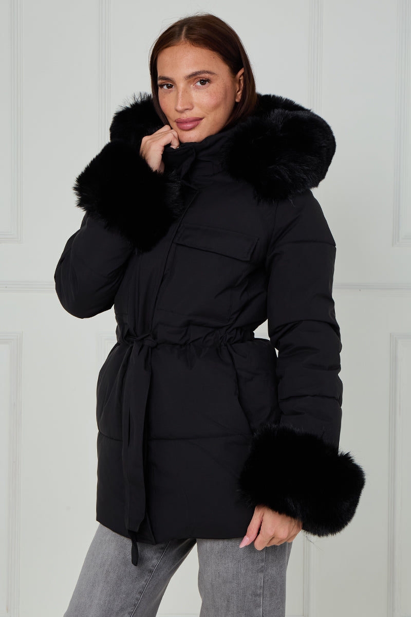 Faux Fur Hood Tie Up Puffer Jacket - Francesca