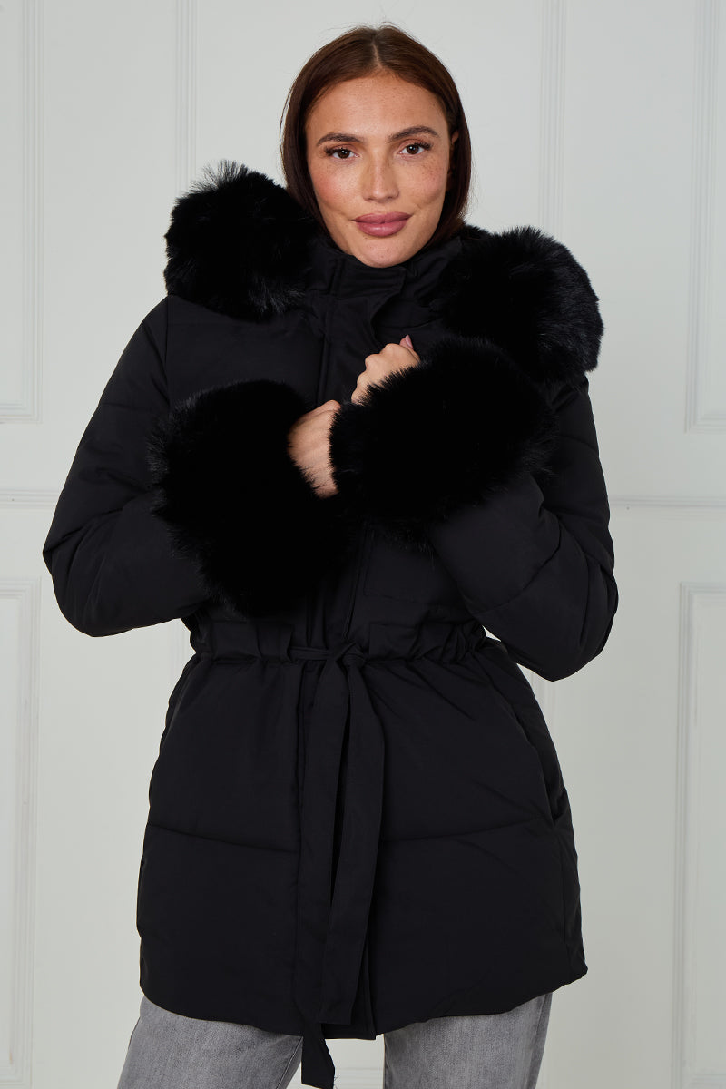 Faux Fur Hood Tie Up Puffer Jacket - Francesca