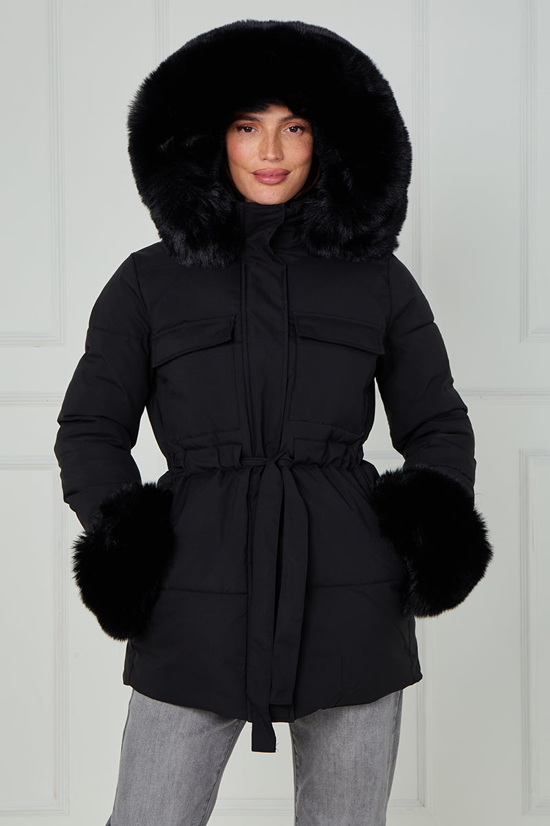 Faux Fur Hood Tie Up Puffer Jacket - Francesca