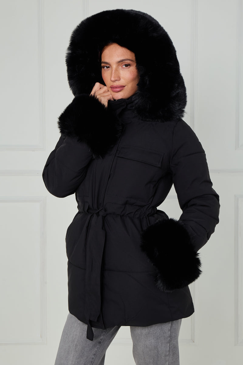 Faux Fur Hood Tie Up Puffer Jacket - Francesca
