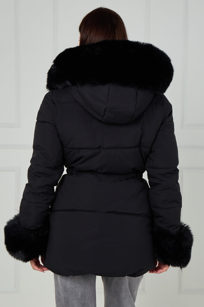 Faux Fur Hood Tie Up Puffer Jacket - Francesca