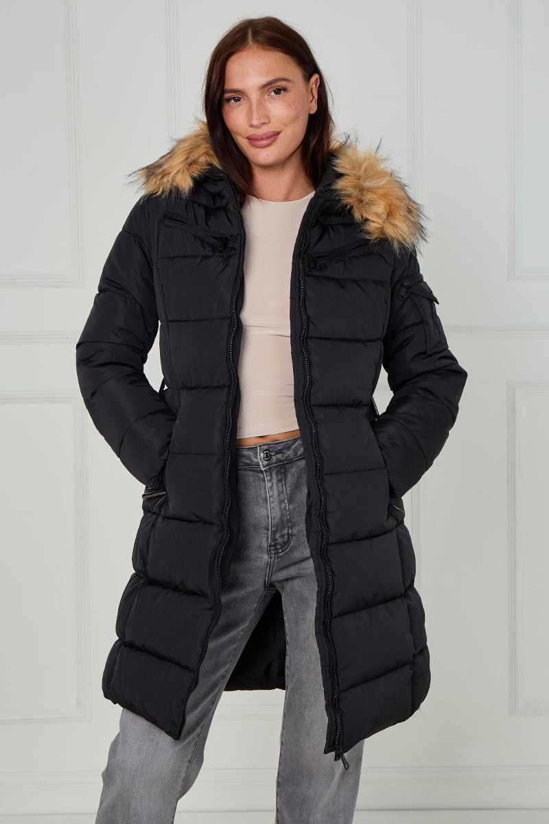 Long Faux Fur Hood Quilted Puffer Jacket - Nancy