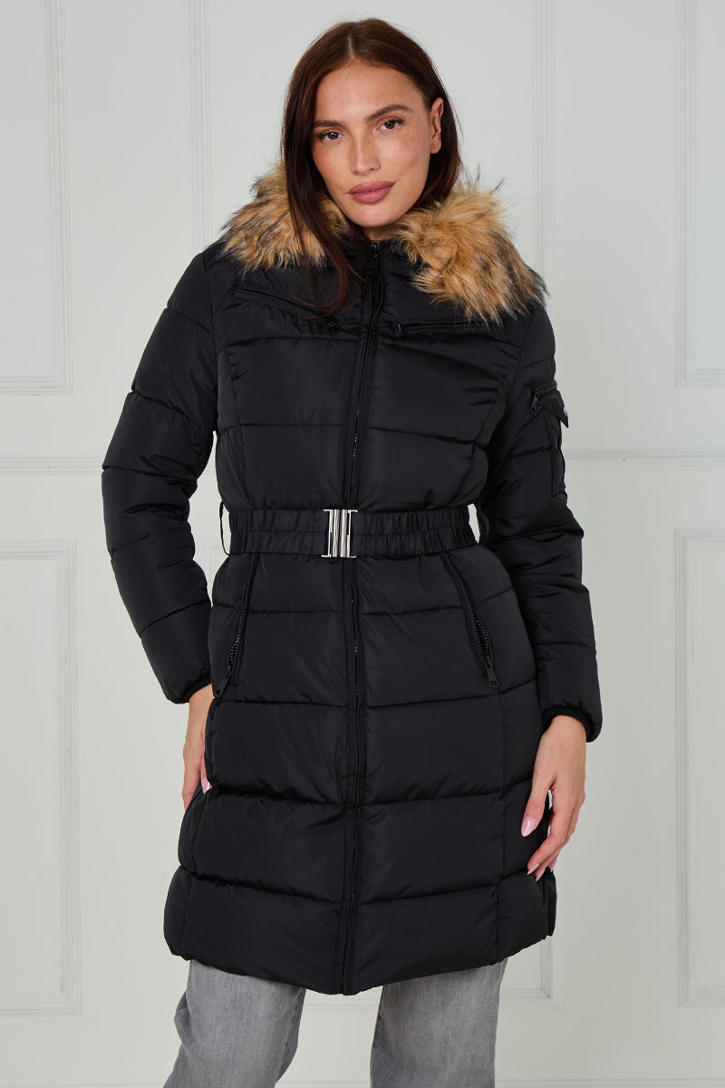 Long Faux Fur Hood Quilted Puffer Jacket - Nancy