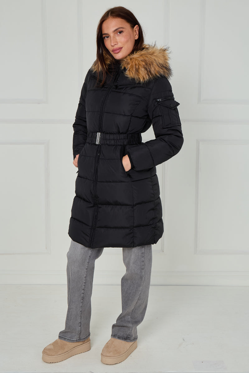 Long Faux Fur Hood Quilted Puffer Jacket - Nancy