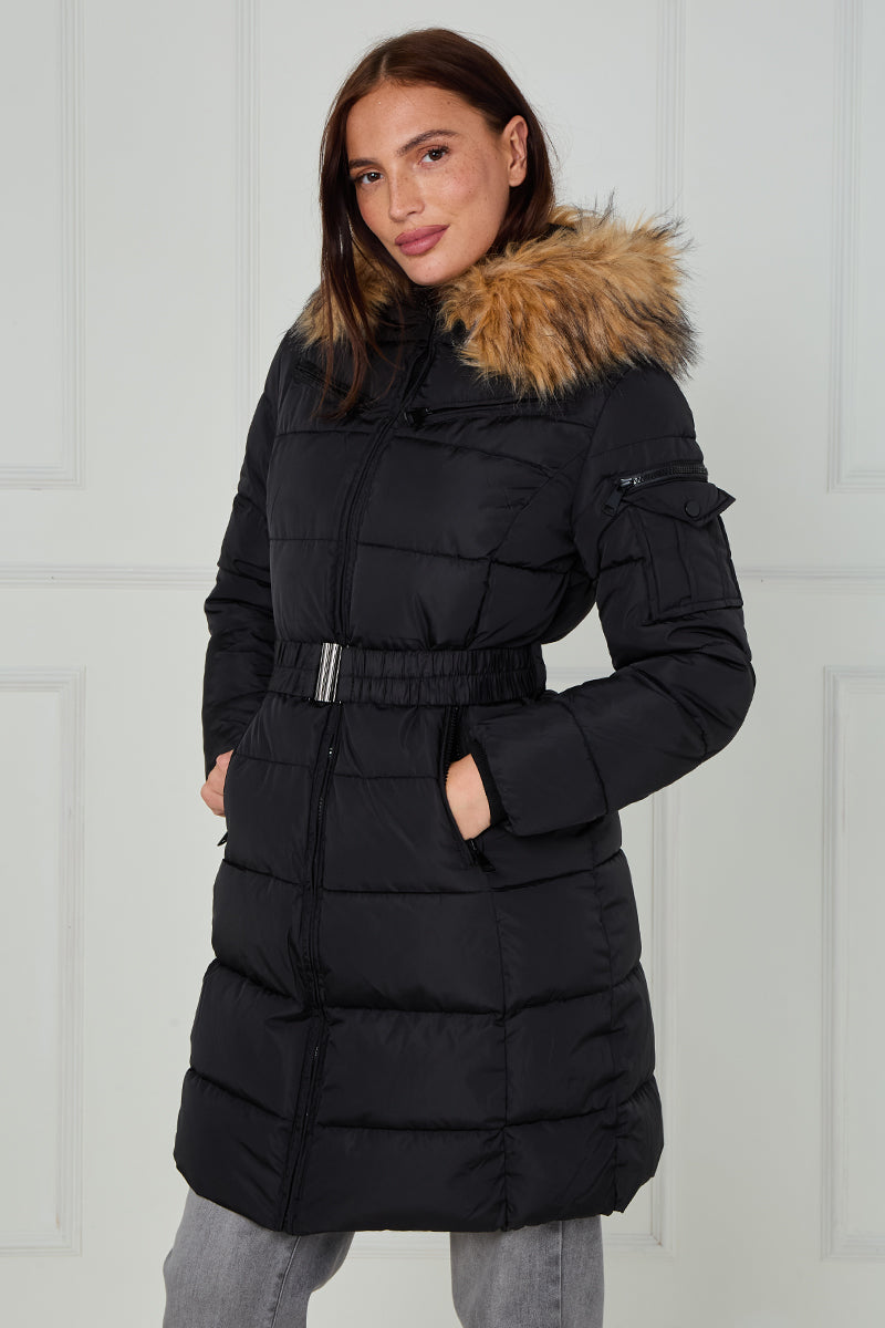 Long Faux Fur Hood Quilted Puffer Jacket - Nancy