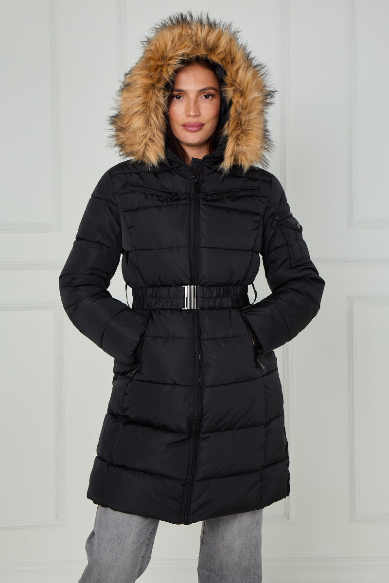 Long Faux Fur Hood Quilted Puffer Jacket - Nancy