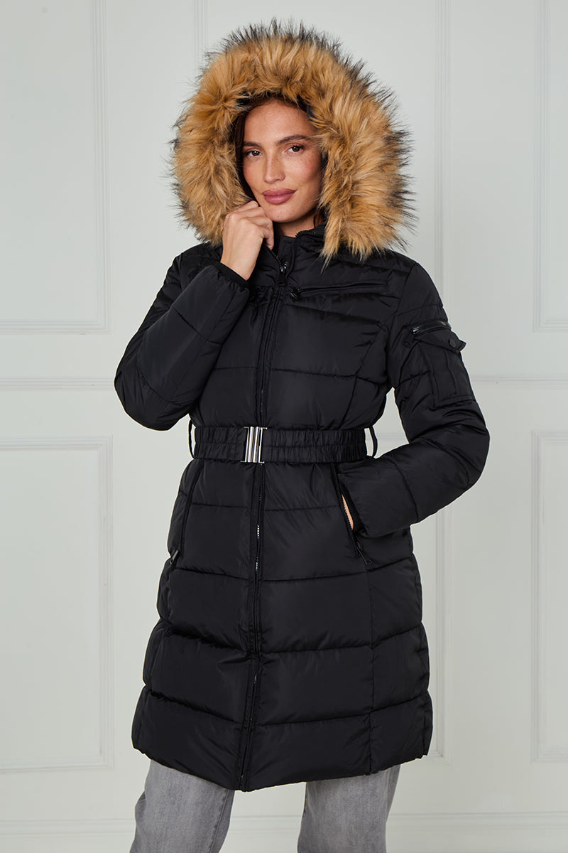 Long Faux Fur Hood Quilted Puffer Jacket - Nancy