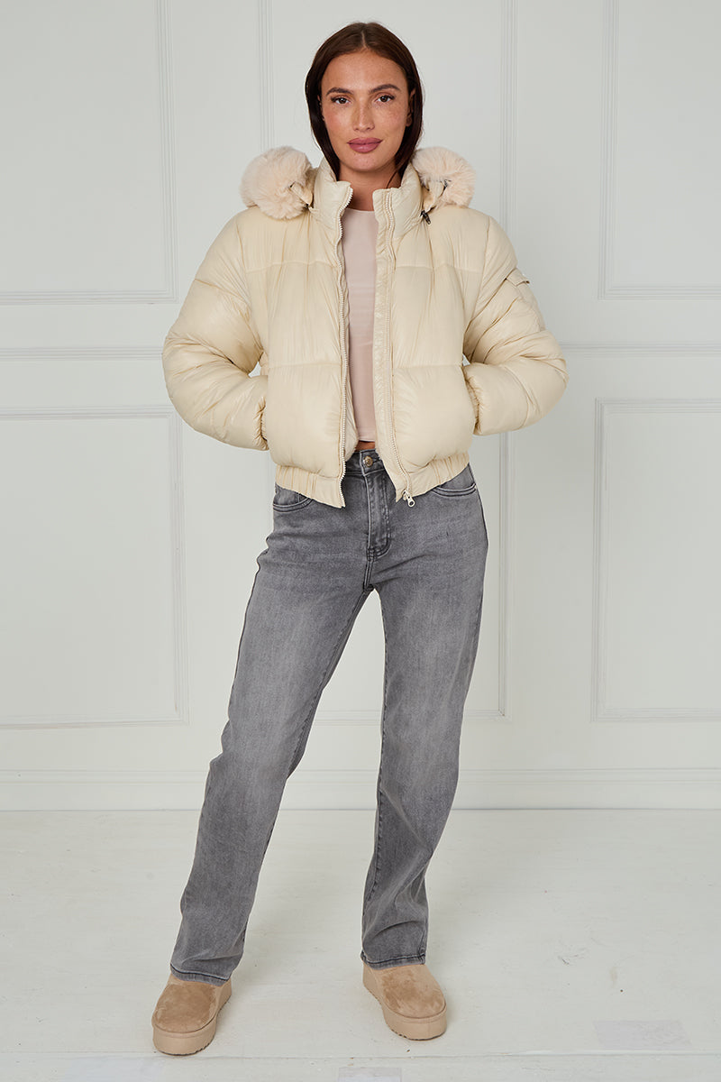 Shiny Faux Fur Hood Quilted Puffer Jacket - Jade