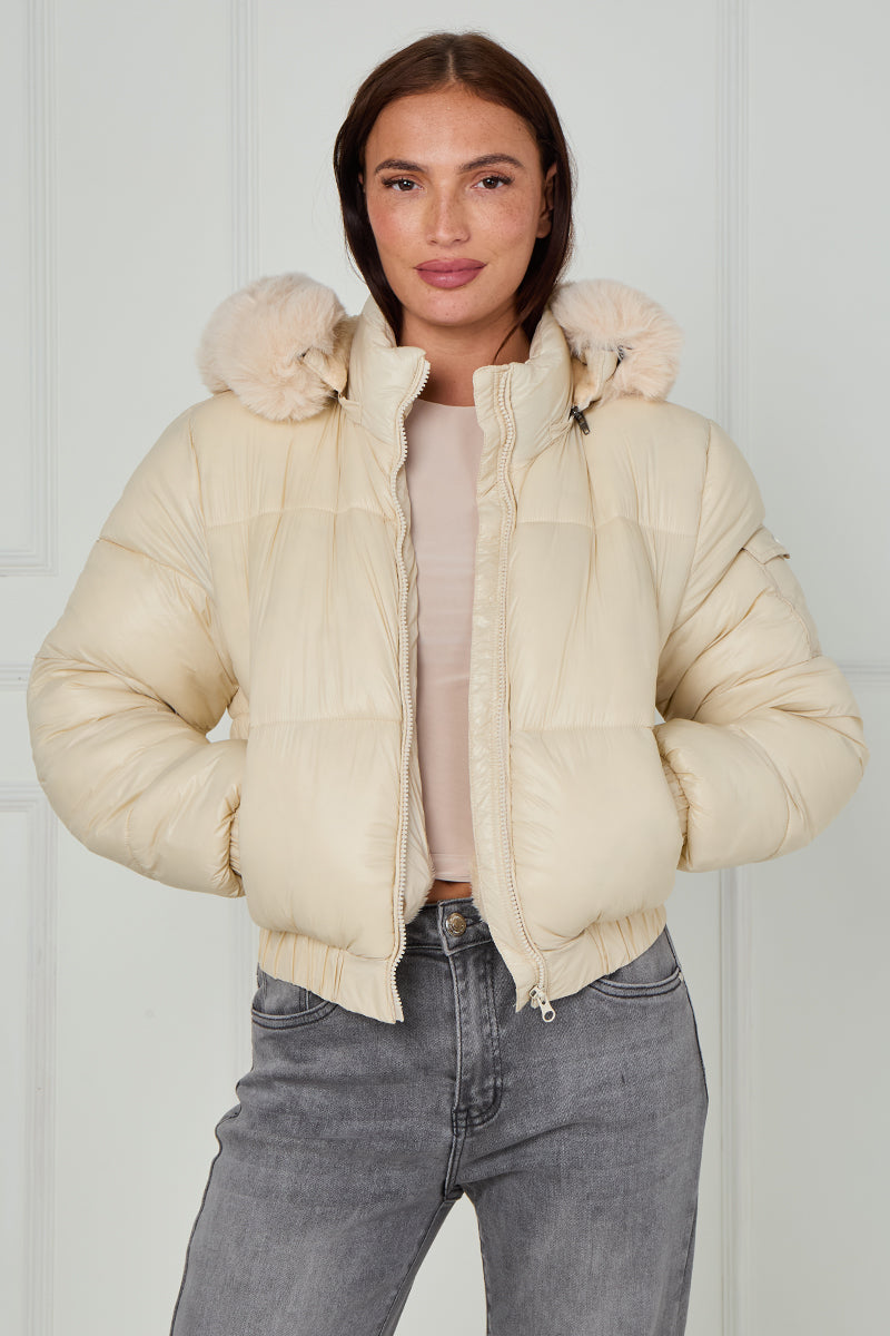 Shiny Faux Fur Hood Quilted Puffer Jacket - Jade