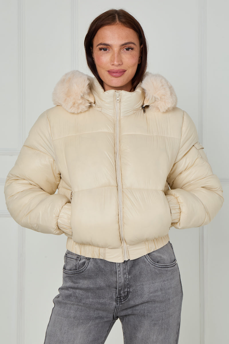 Shiny Faux Fur Hood Quilted Puffer Jacket - Jade