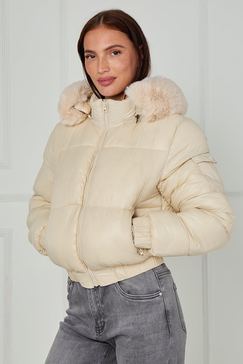 Shiny Faux Fur Hood Quilted Puffer Jacket - Jade
