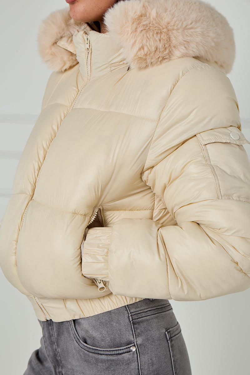 Shiny Faux Fur Hood Quilted Puffer Jacket - Jade