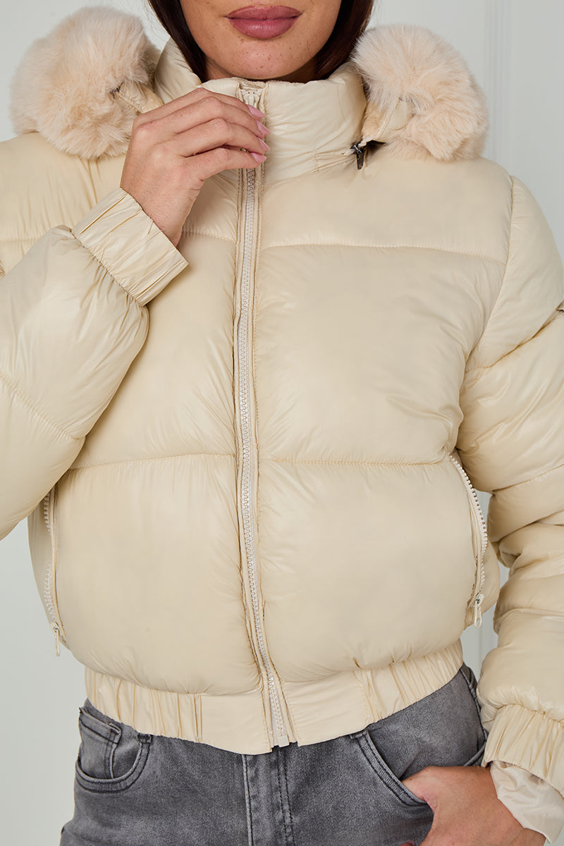 Shiny Faux Fur Hood Quilted Puffer Jacket - Jade