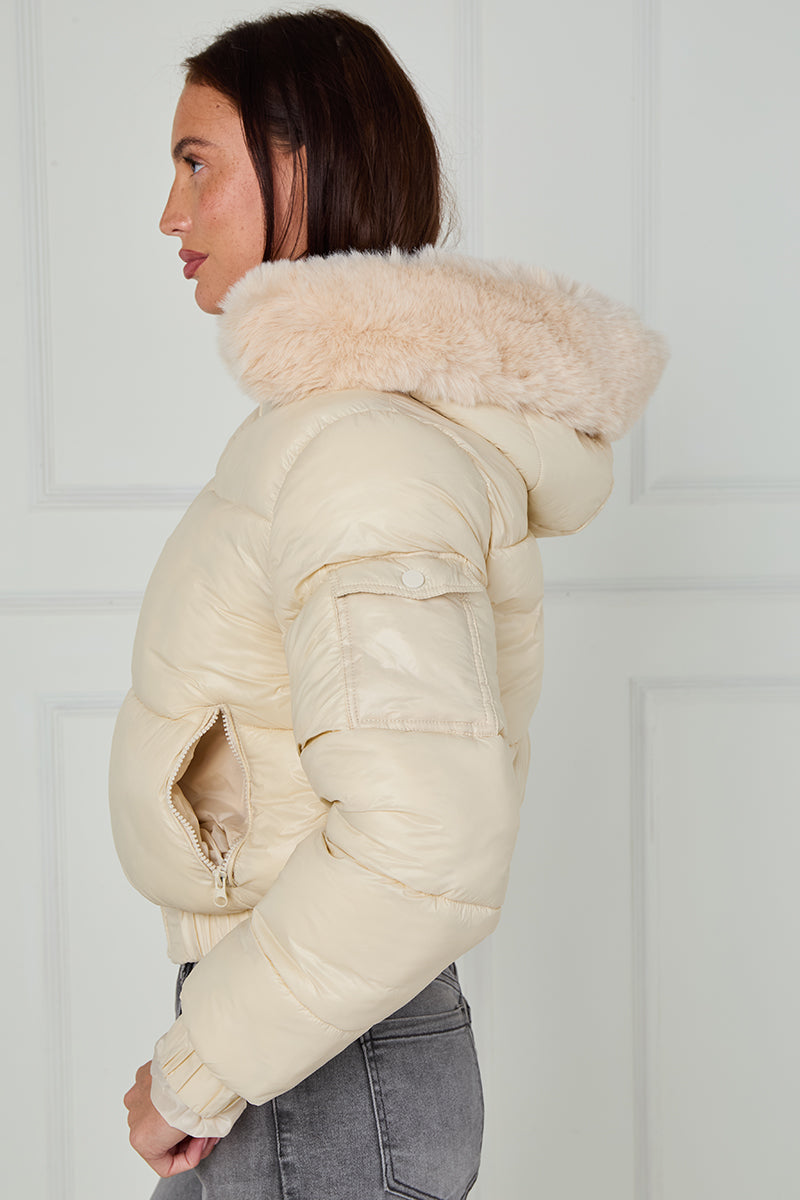 Shiny Faux Fur Hood Quilted Puffer Jacket - Jade