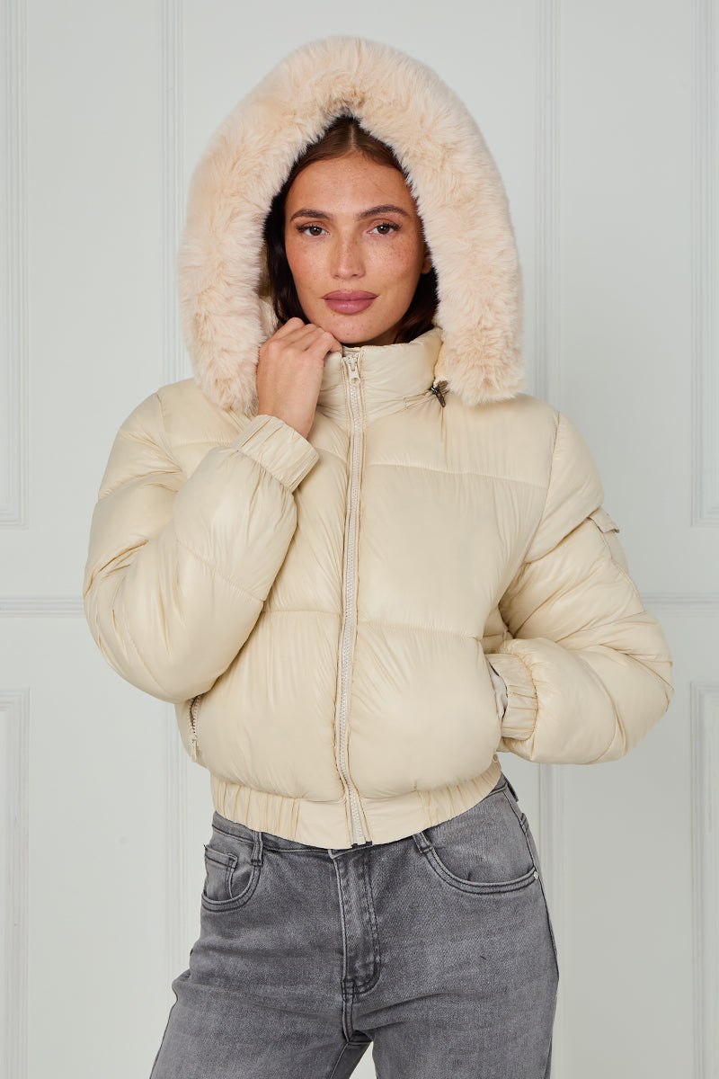 Shiny Faux Fur Hood Quilted Puffer Jacket - Jade