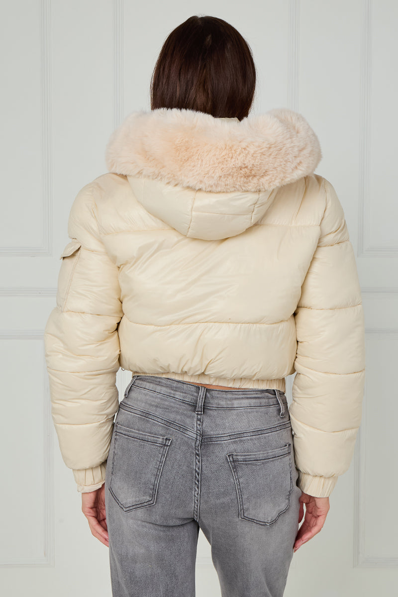 Shiny Faux Fur Hood Quilted Puffer Jacket - Jade