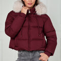 Wine faux fur hood puffer jacket with zip front, quilted panels, side pockets