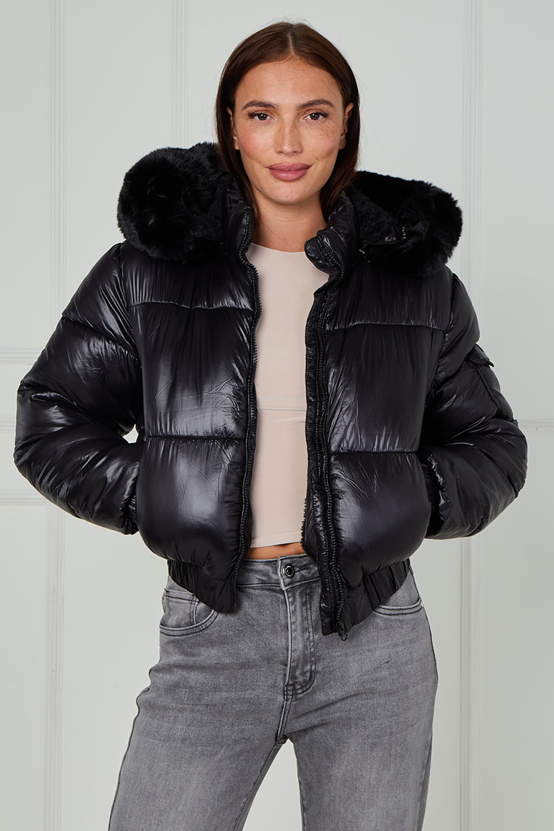 Shiny Faux Fur Hood Quilted Puffer Jacket - Jade