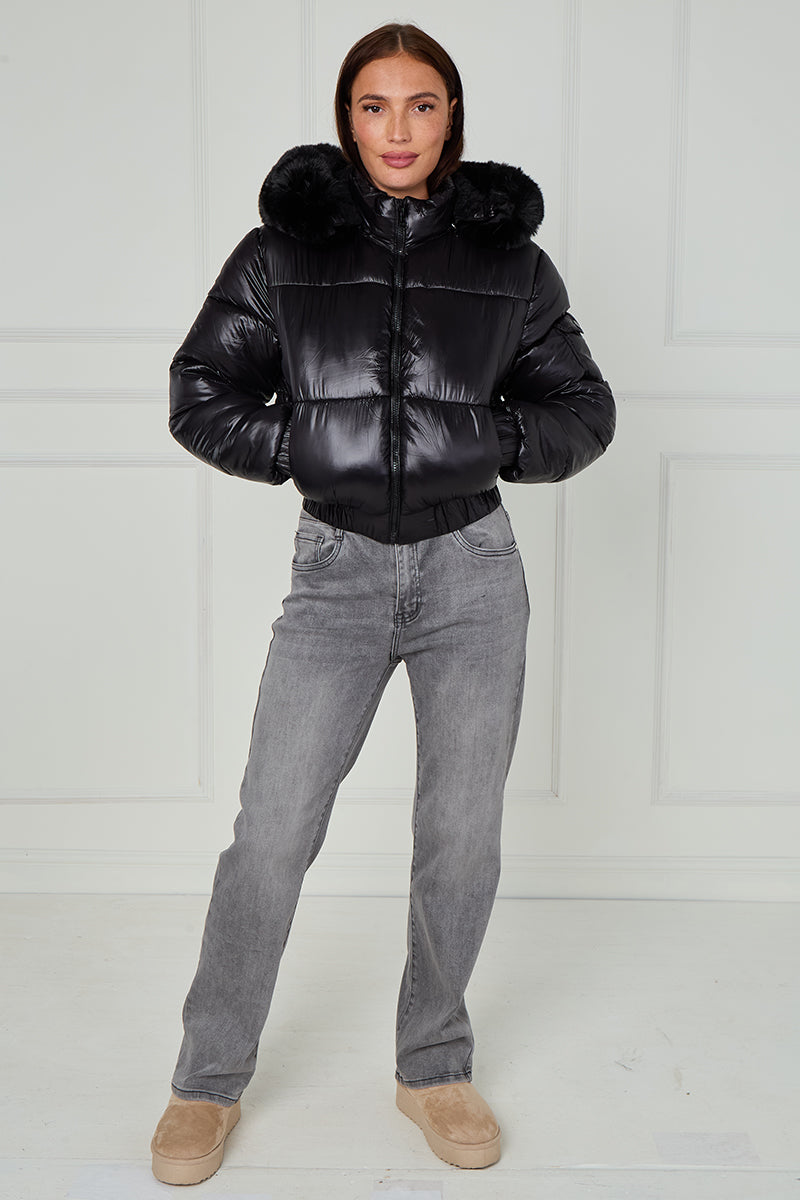 Shiny Faux Fur Hood Quilted Puffer Jacket - Jade