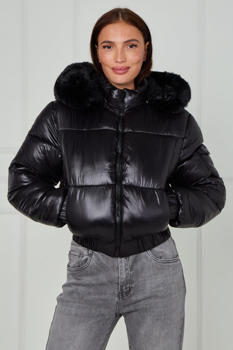 Shiny Faux Fur Hood Quilted Puffer Jacket - Jade