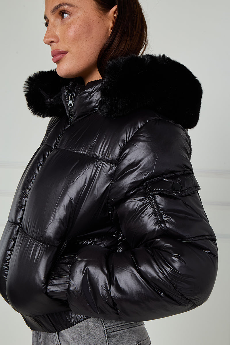 Shiny Faux Fur Hood Quilted Puffer Jacket - Jade