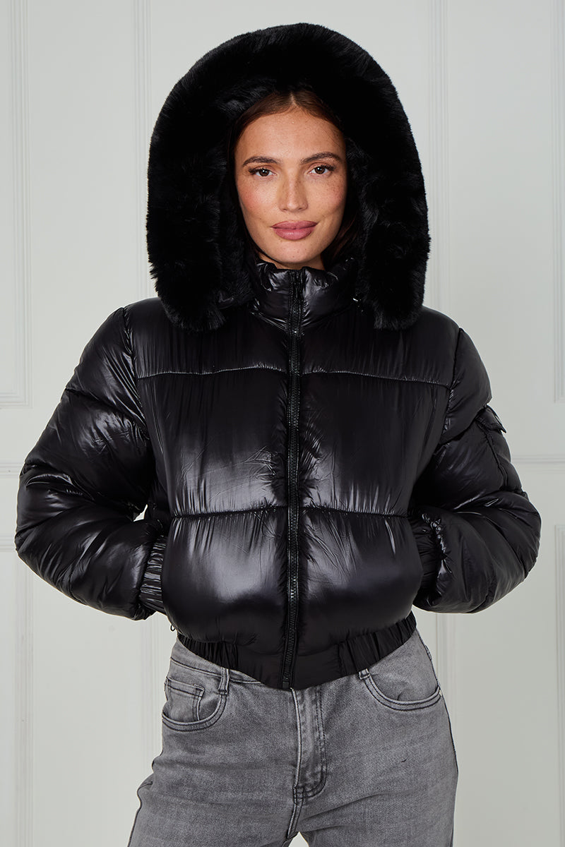 Shiny Faux Fur Hood Quilted Puffer Jacket - Jade