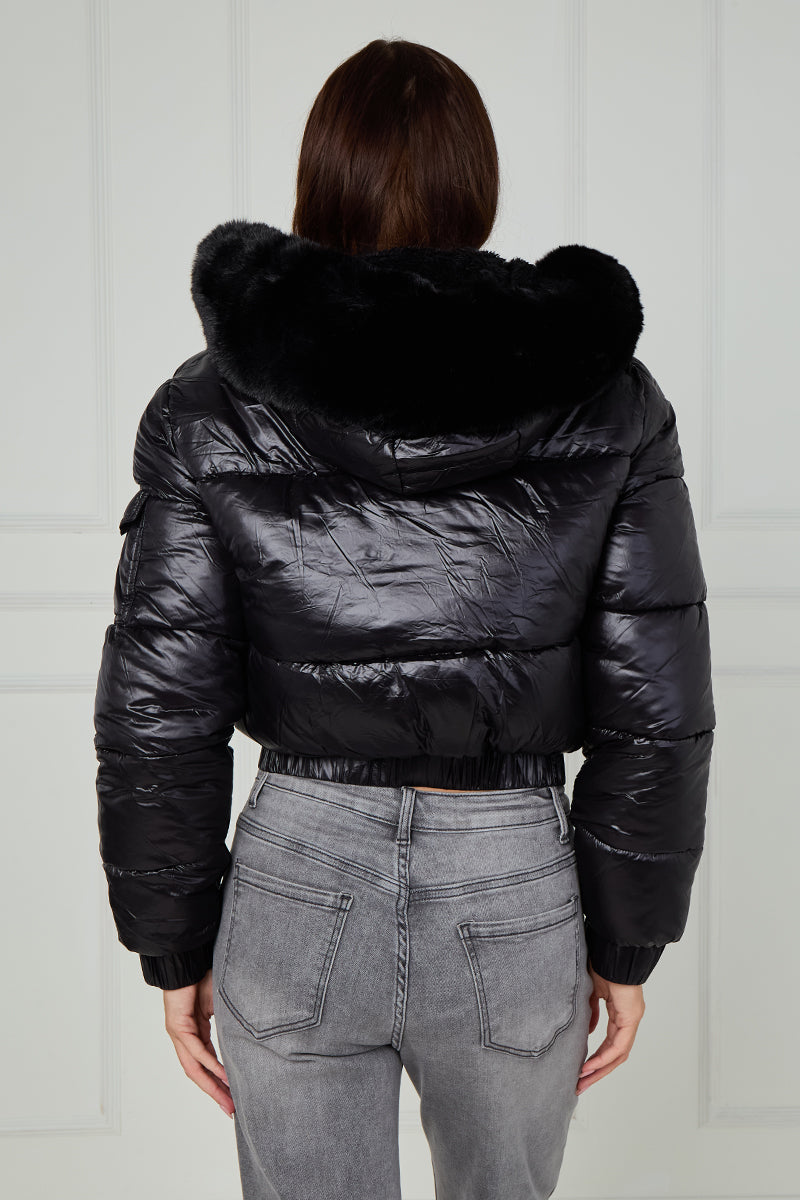 Shiny Faux Fur Hood Quilted Puffer Jacket - Jade