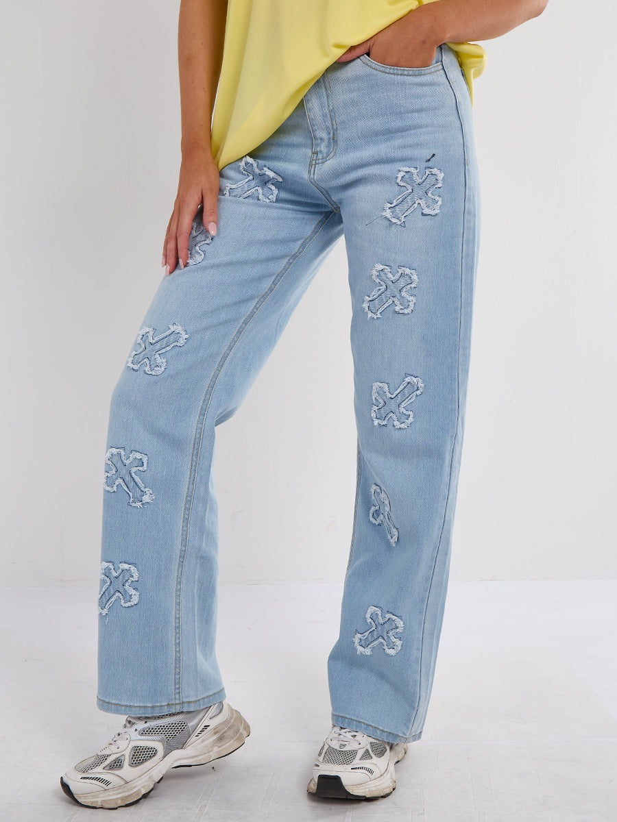 Crucifix Cross Straight Leg Denim Jeans - Molly