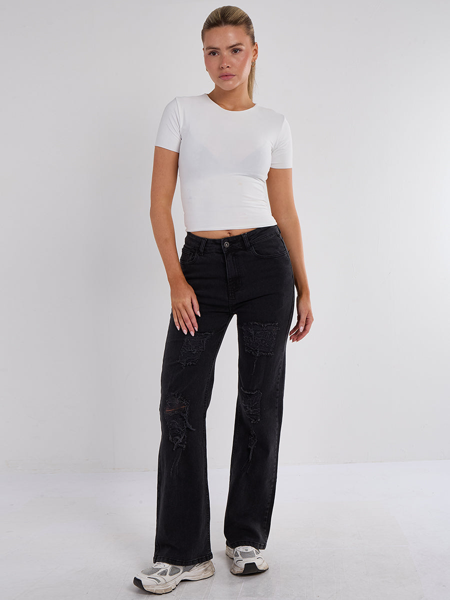 Ripped Wide Leg Denim Jeans - Lara