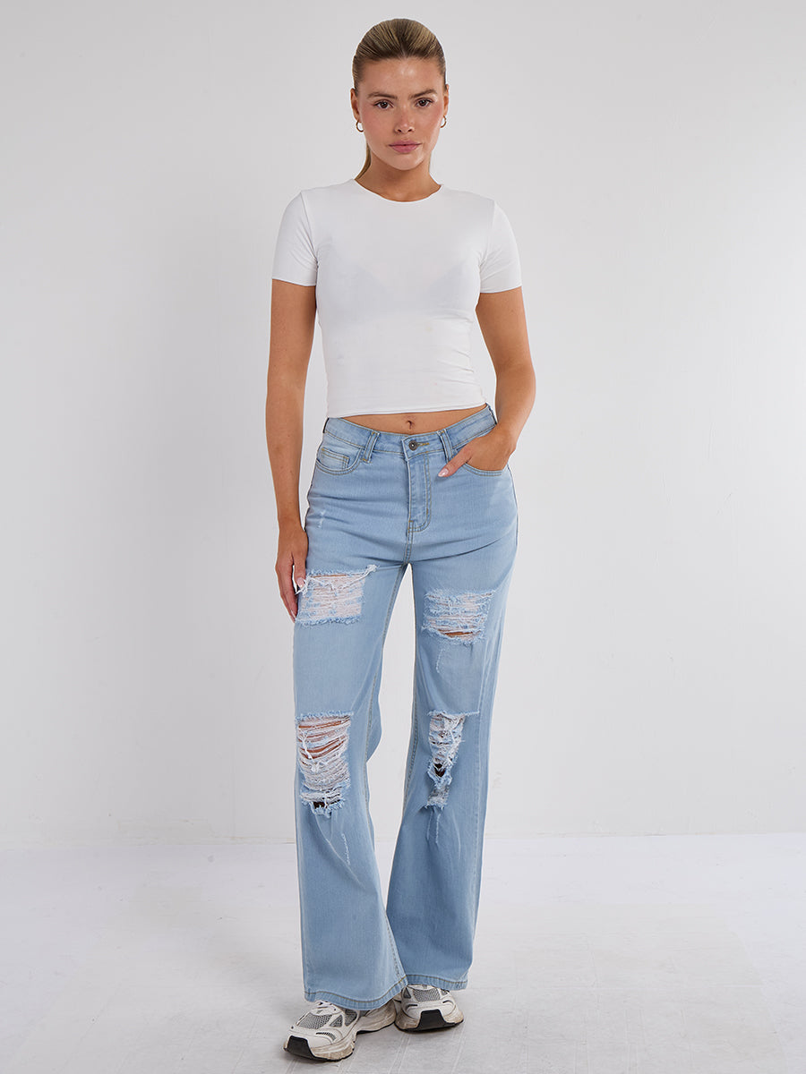 Ripped Wide Leg Denim Jeans - Lara