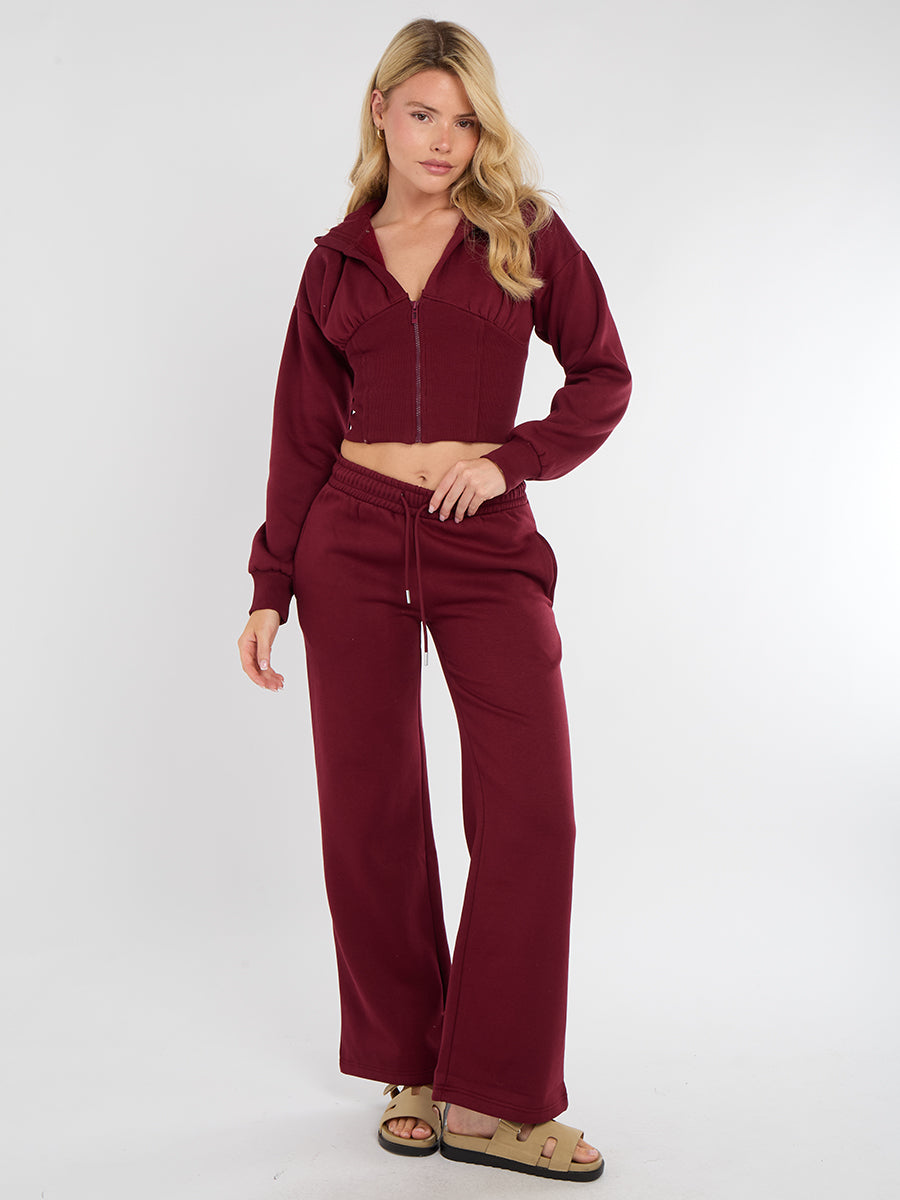 Hooded Zip Up Crop Top & Wide Leg Trouser Tracksuit - Hunter