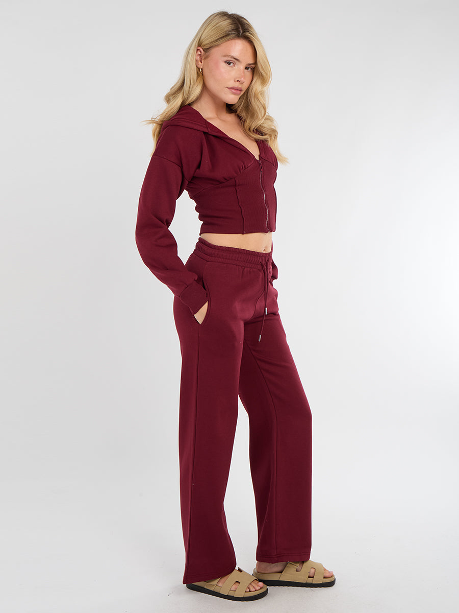 Hooded Zip Up Crop Top & Wide Leg Trouser Tracksuit - Hunter