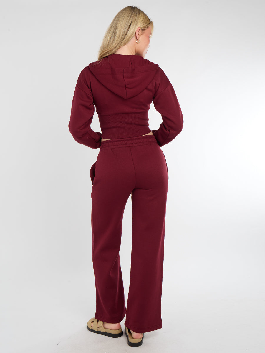 Hooded Zip Up Crop Top & Wide Leg Trouser Tracksuit - Hunter