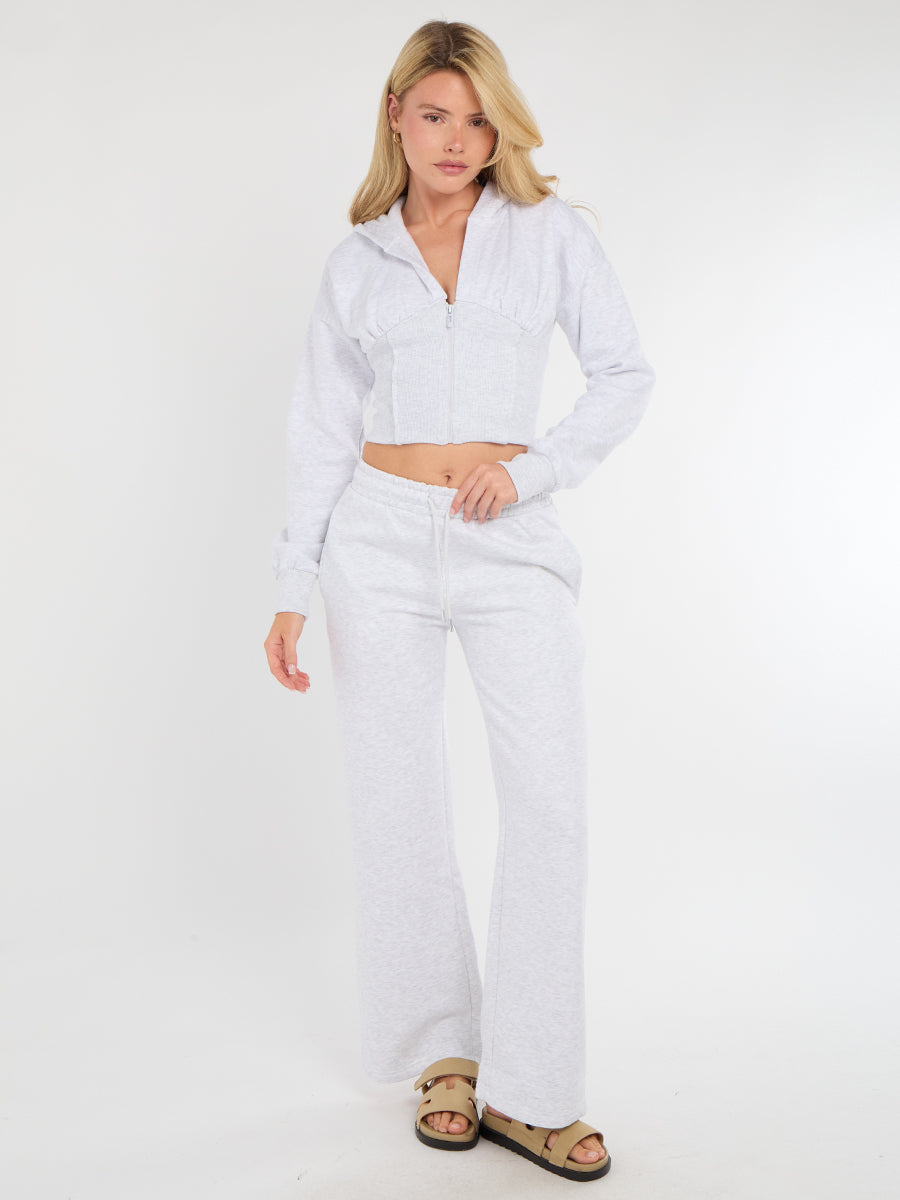 Hooded Zip Up Crop Top & Wide Leg Trouser Tracksuit - Hunter